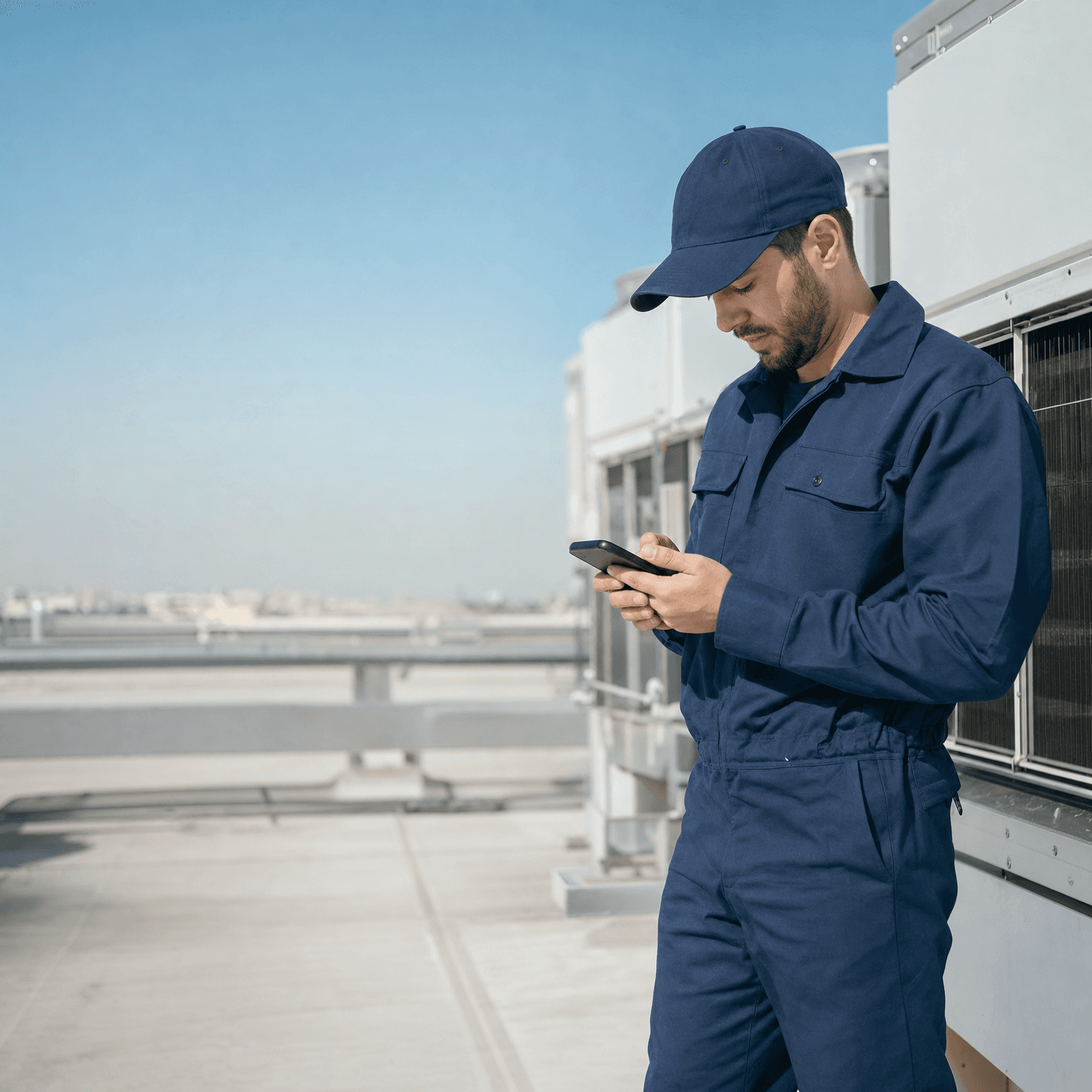 Technician creating a quote draft via Bravi on a rooftop